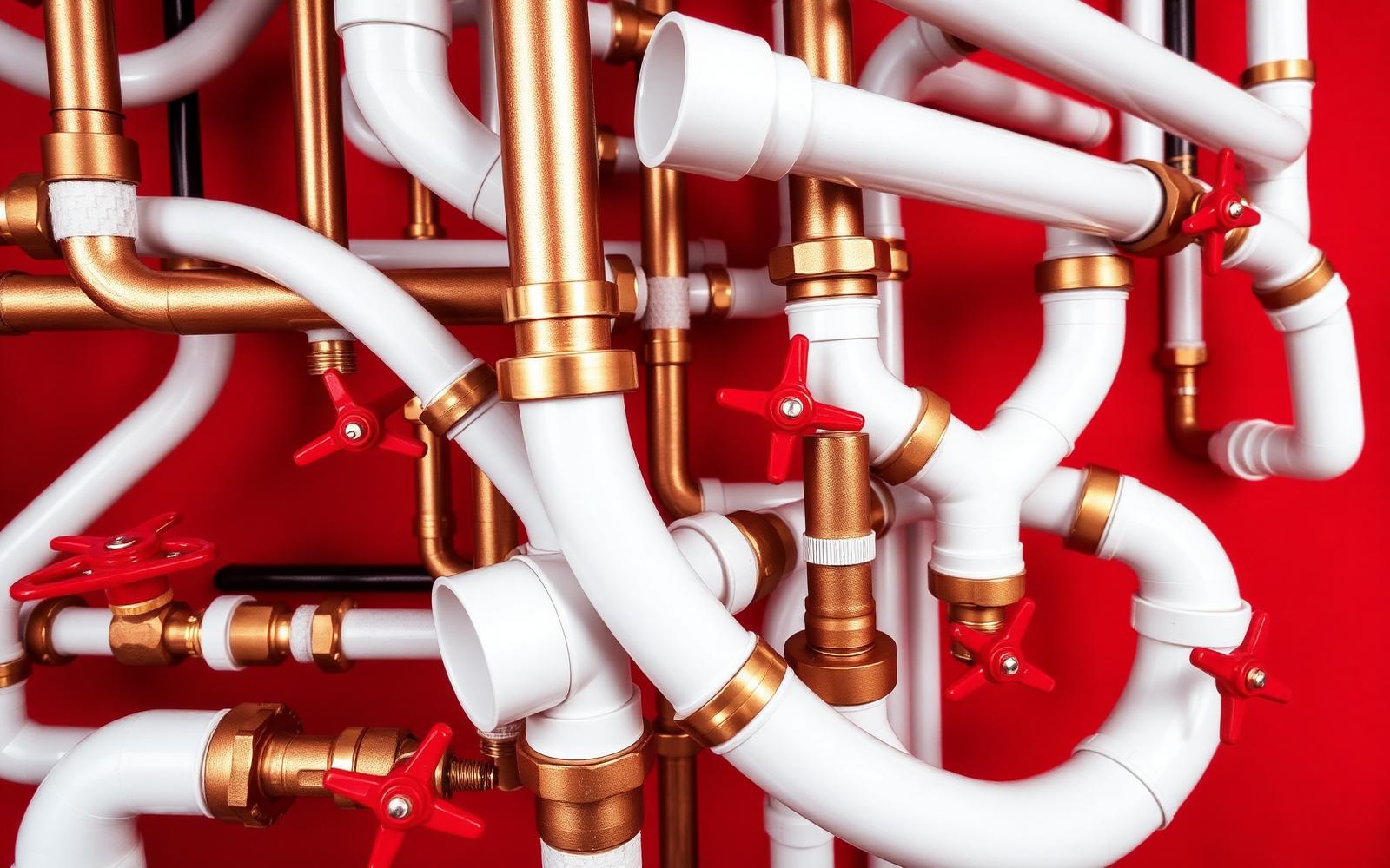Maze of copper and PVC plumbing pipes with valves